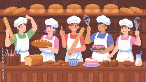 Vector SVG Illustration of Baking Team with Pastries in Flat Modern Style featuring Chefs and Baked Goods