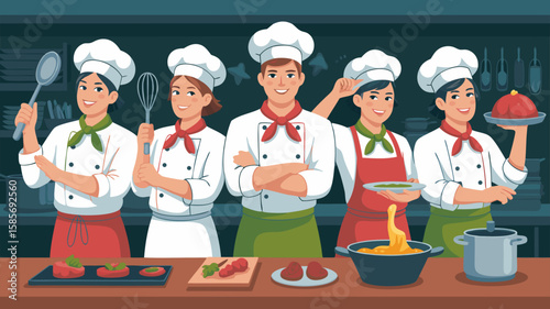 Vector SVG Illustration of Chefs Cooking in Kitchen Modern Flat Style with Colorful Elements