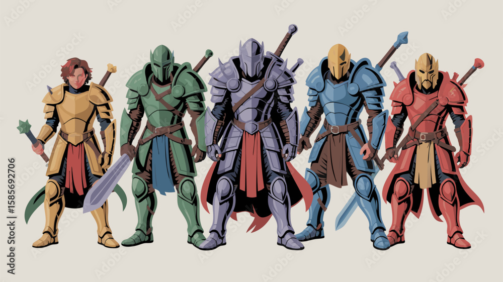 Fototapeta premium Vector SVG Illustration of Fantasy Warrior Characters with Armor and Weapons in Modern Flat Style with Vibrant Colors