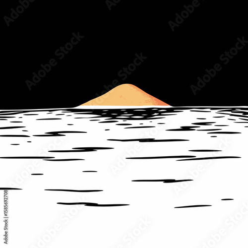 Minimalist Desert Island Illustration with Black Sky and White Water
