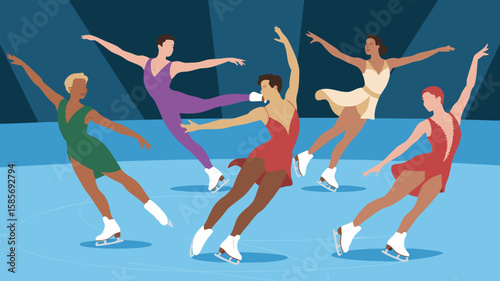 Illustration Vector SVG of Ice Skaters Performing Ballet Moves with Dynamic Poses in Modern Flat Style with Bright Colors for Digital Media and Web Use