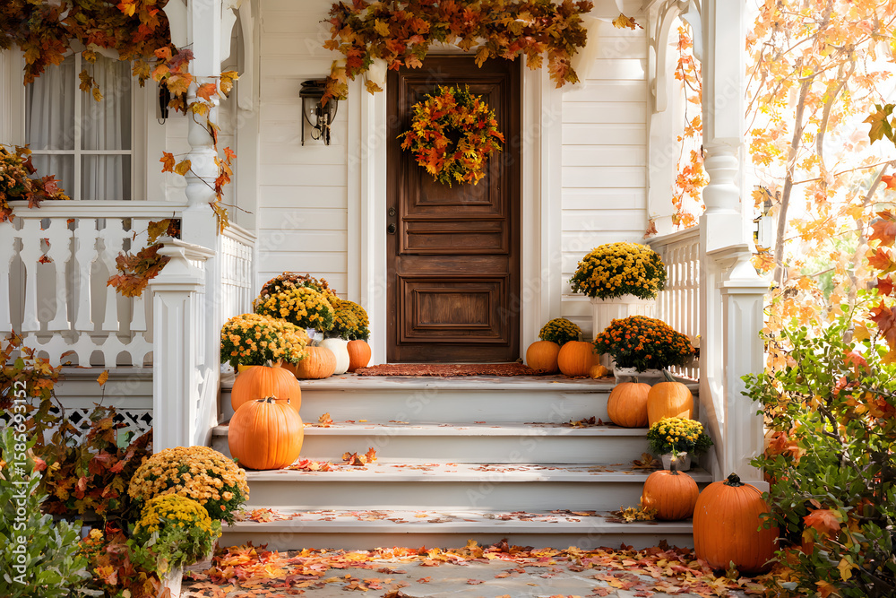 Obraz premium Welcoming Front Porch Decorated with Pumpkins, Fall Leaves, and Festive Wreath, Evoking the Warmth of Autumn, Seasonal Home Decor, and the Cozy Atmosphere of Holiday Gatherings and Family Time
