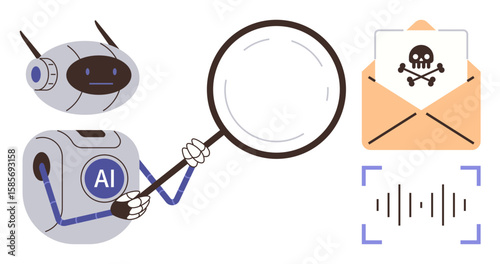 AI robot holds magnifying glass examining malicious email marked with skull symbol. Nearby sound wave graphic implies cyber security. Ideal for AI, investigation, technology, malware, data security