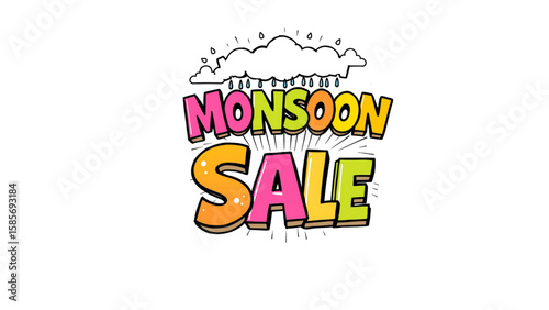 Colorful Monsoon Sale Banner with Raindrops and Cloud for Seasonal Promotions

