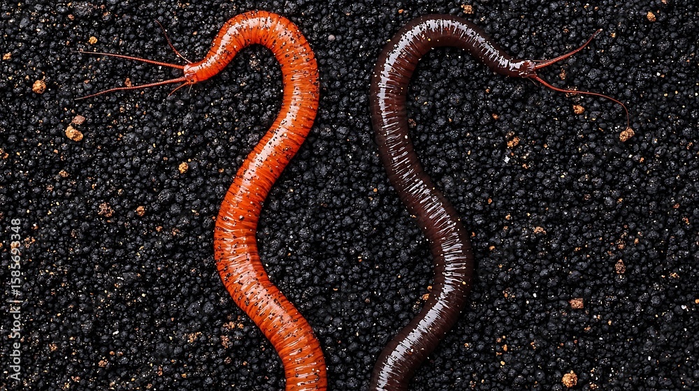 Fototapeta premium Vibrant Orange and Brown Worms on Dark Soil