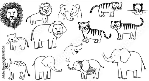 Collection of hand-drawn black and white safari animals: lions (including a majestic mane), tigers, elephants, and spotted big cats, rendered in a charming cartoon sketch style.