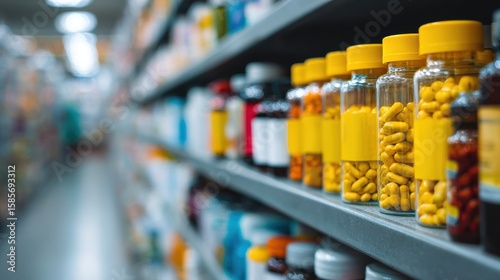 Wallpaper Mural High-quality photo of high-quality photo of drug store with medicine bottles lined up beautifully on the shelves. on a blurred background Concept of selling medicines, medical. Torontodigital.ca