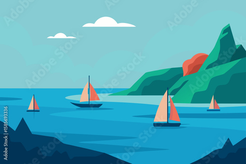 peaceful island scene with sailboats near rocky 
