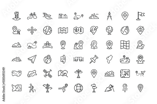Collection of Travel and Navigation Outline Icons on White Background