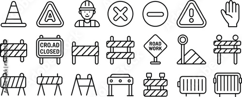 Pixel perfect roadblock and construction warning icon set, editable stroke, traffic safety, caution signs, under construction barriers, 64x64