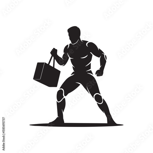A muscular man, depicted as a silhouette, powerfully carrying a heavy bag with determination