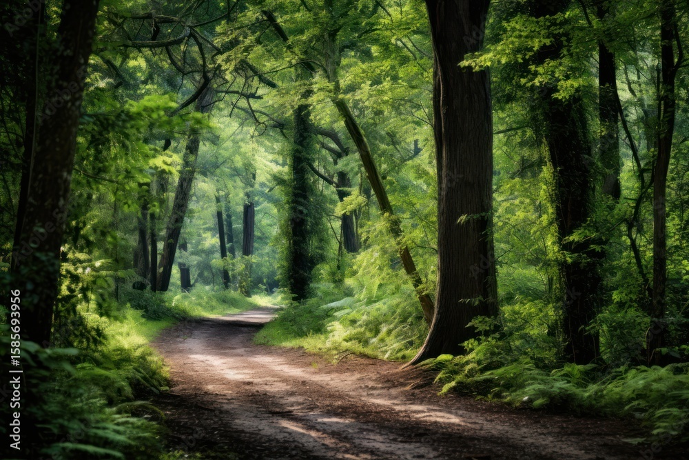 Naklejka premium Forest path leading through tall trees woodland nature green.