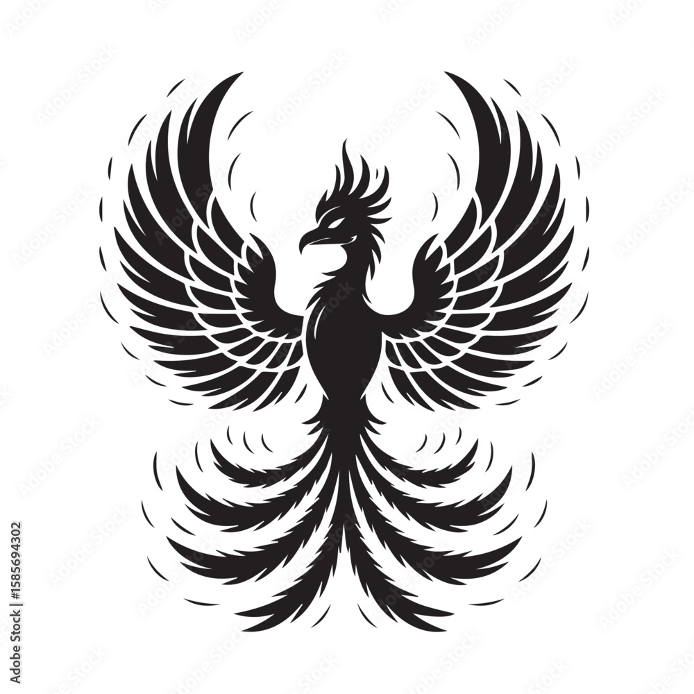 Obraz premium A powerful black silhouette of a mythical phoenix with spread wings, isolated on a white background