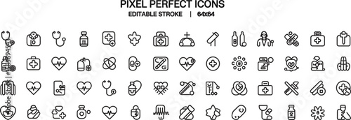 Pixel perfect editable stroke medical icons, health care equipment, heart care, first aid, doctor tools, medicine, stethoscope set