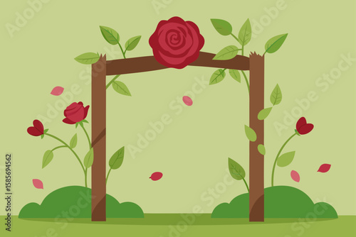 rose covered wooden frame in flower filled meadow 