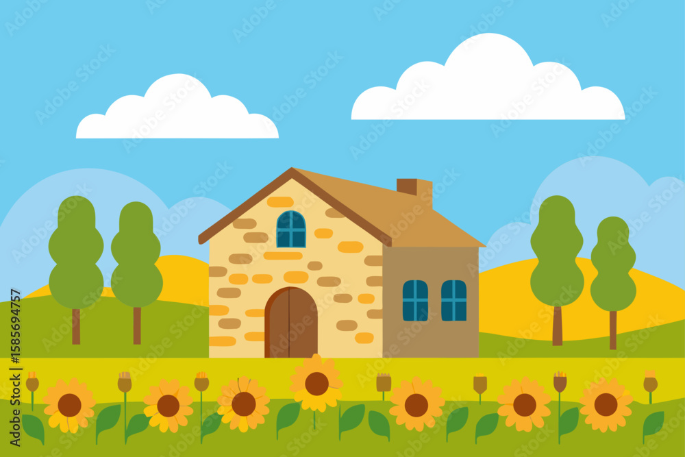 rustic stone farmhouse surrounded by sunflower rustic stone farmhouse surrounded by sunflower