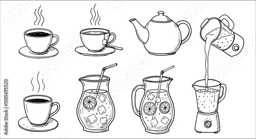 Hand-drawn collection of popular beverages including hot coffee, steaming tea, refreshing iced lemonade pitchers with lemon and ice, a classic teapot, and a blender pouring liquid.