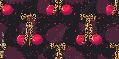 Stylish seamless pattern of two cherries tied with a leopard print bow on a dark abstract background with drips and splash .Trendy pop art vibe for fashion, posters, stickers, packaging, and more.