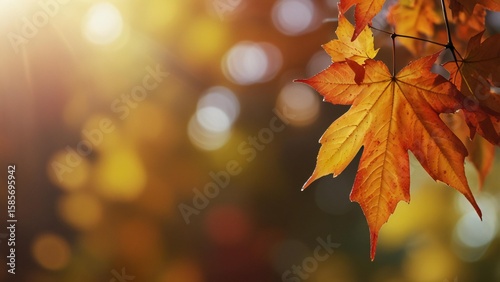 Golden autumn maple leaves bathed in warm sunlight with soft bokeh background