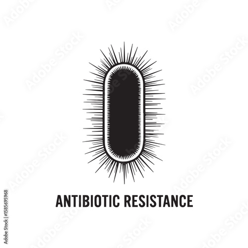 A striking black and white illustration of a rodshaped bacterium with radiating spikes, symbolizing antibiotic resistance and microscopic threats, isolated on a white background