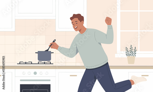 Happy man cooking and dancing in a modern kitchen, stirring a pot with joy. Domestic life, fun meal prep.
