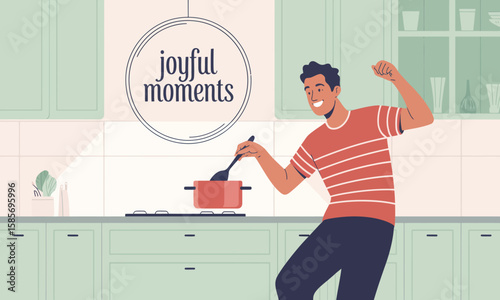 Joyful Moments: Happy Man Dancing and Cooking in a Modern Kitchen