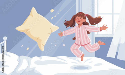 Girl's Pillow Fight: Joyful Morning Illustration