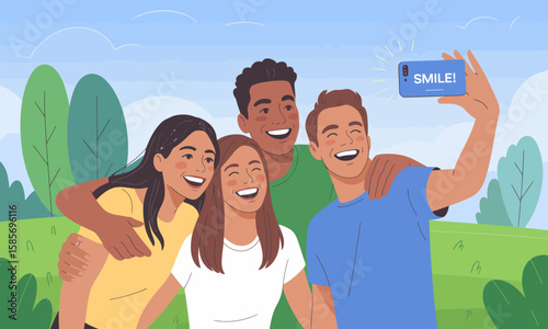 Friends Taking a Selfie Outdoors with Phone