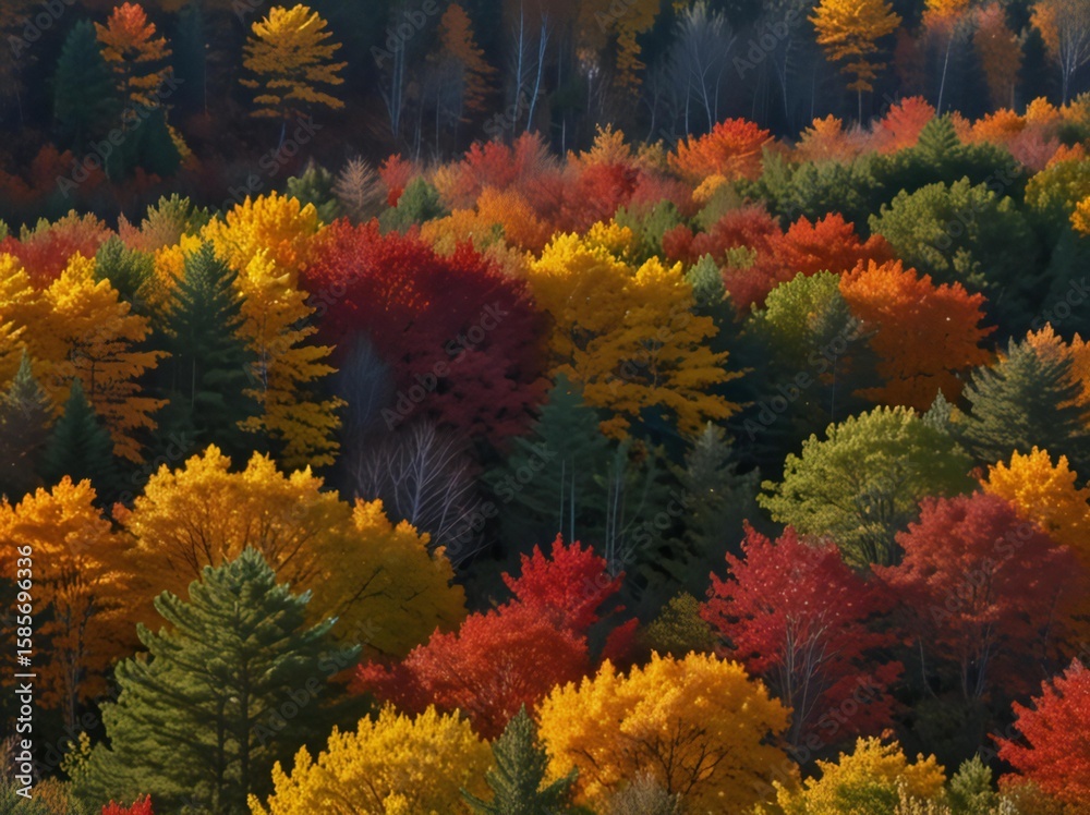 Vibrant autumn forest canopy bursting with red yellow and green hues Vibrant autumn forest canopy bursting with red yellow and green hues