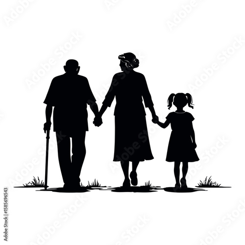 Silhouette of Grandparents Walking Hand-in-Hand with Their Granddaughter, Showing Generational Bonds