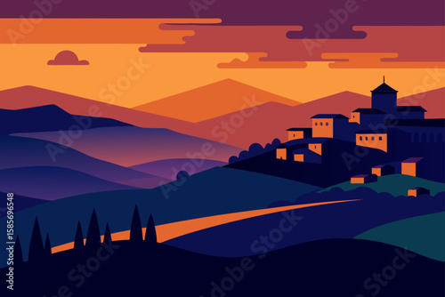 umbrian valley glowing at sunset  with assisi 