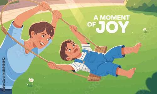 A father pushes his young son on a swing in a sunny park, creating a moment of joy and happiness.