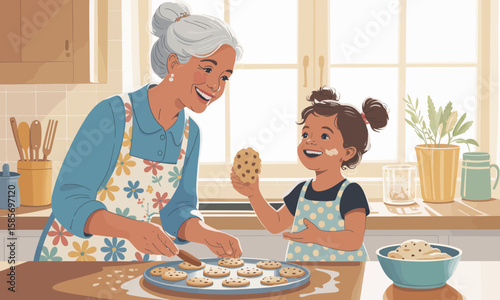 Grandmother and granddaughter baking cookies together in a bright kitchen, the girl holding up a cookie with a happy expression.