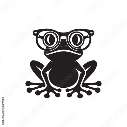 A whimsical black silhouette of a frog wearing large round glasses, conveying a smart or studious character, isolated on white