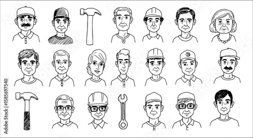 Detailed collection of hand-drawn black and white illustrations featuring diverse human portraits (men, women, different ages) and construction-related tools like hammers and wrenches.