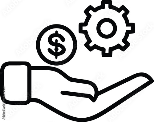 Line art illustration of hand holding coin and gear, income growth concept