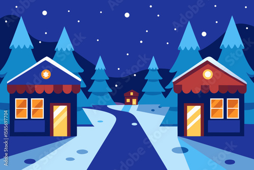 winter village path with glowing shop windows 