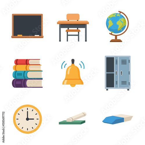 A comprehensive collection of flat design vector icons representing essential school supplies and classroom items, isolated on a white background