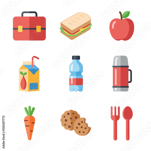 A colorful collection of flat design icons representing a complete packed lunch with a sandwich, fruit, snacks, and drinks for a healthy meal