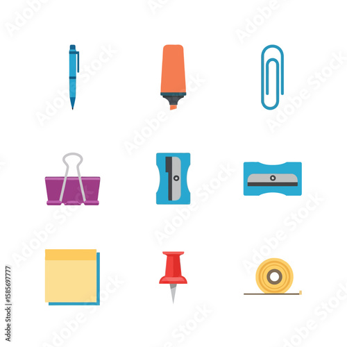A colorful collection of essential office supply icons, including a pen, highlighter, paperclip, binder clip, and sticky note, designed in a modern flat style