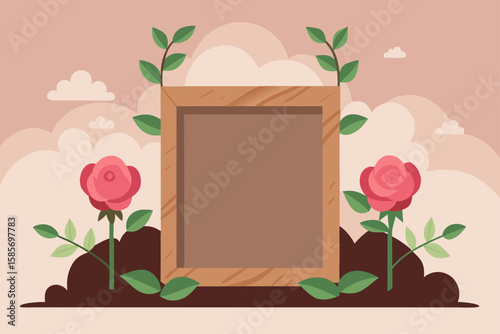 wooden frame with blush roses in wild nature scene 