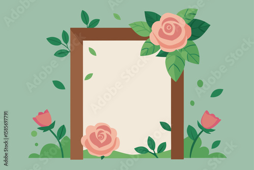 wooden frame with blush roses in wild nature scene 