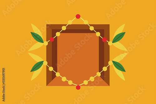 wooden square with floral garlands in late afterno