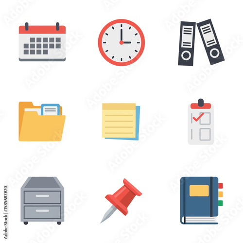 Modern flat design icon collection featuring essential office equipment and stationery for business and organization concepts