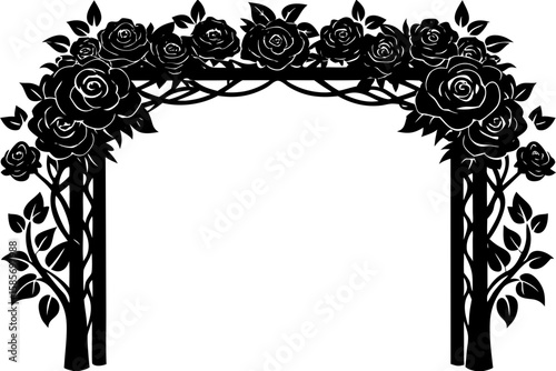 wooden wedding frame with roses under tree canopy .svg