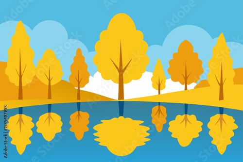 yellow treetops and hillside forest reflected 