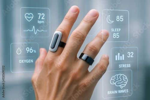 A human hand displays smart rings with holographic AR interface showing health data like heart rate, sleep quality, and stress levels. Wearable health tech