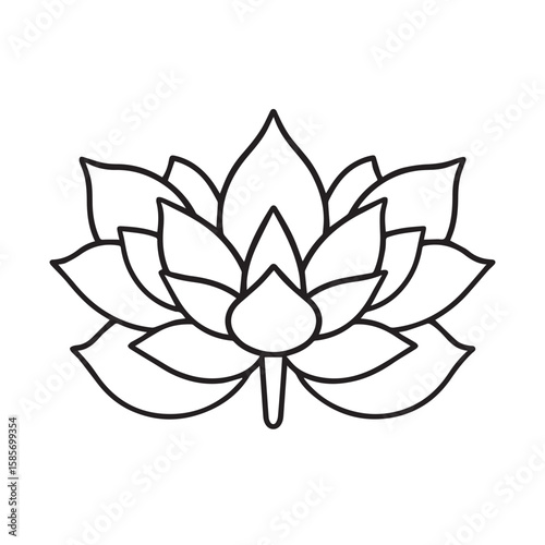 A stylized lotus flower with symmetrical petals, isolated on white background, represents purity and enlightenment