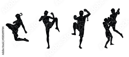 Muay Thai Fighters Silhouette in Action Poses