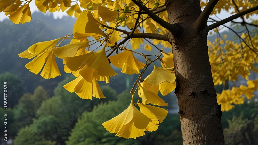 Obraz premium Vibrant yellow ginkgo leaves cascade down a textured tree trunk in autumn